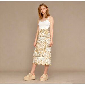 NWOT Farm Rio Midi Skirt Off-White/Beige Lace Nature Wavy Hem Linen Size XS